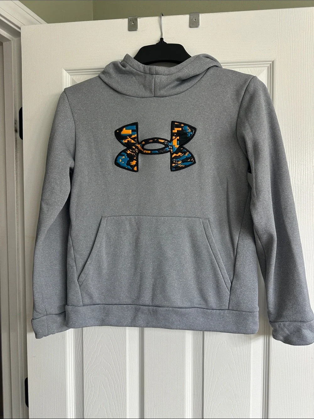 Under Armour Kids' Light Gray Hoodie with Blue & Orange Camo Logo